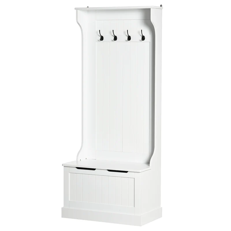 Meuble d'entrée vestiaire 71.5 x 39.5 x 170 cm 4 en 1 banc rangement 4 crochets assise pratique scandinave en MDF blanc 21_0002588