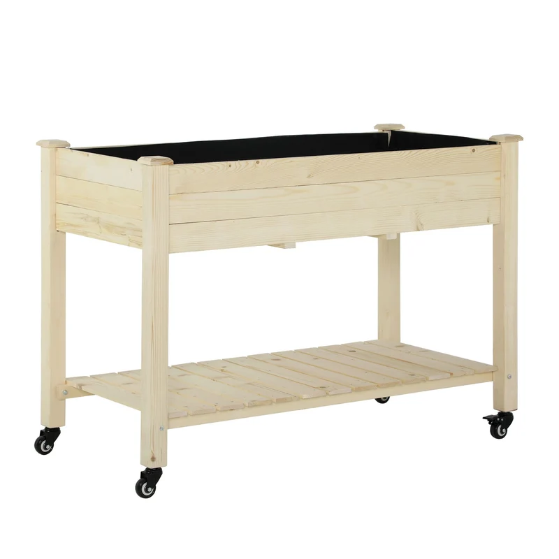 Jardinière sur pieds grand potager 118 x 55 x 83 cm étagère et roulettes avec frein scandinave épuré en bois naturel 21_0004152