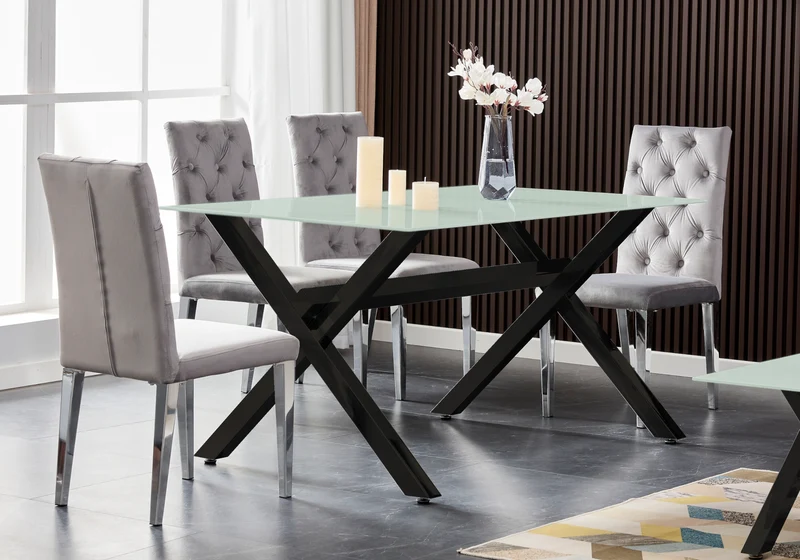 Table verre trempé et 4 chaises X noires - Cross