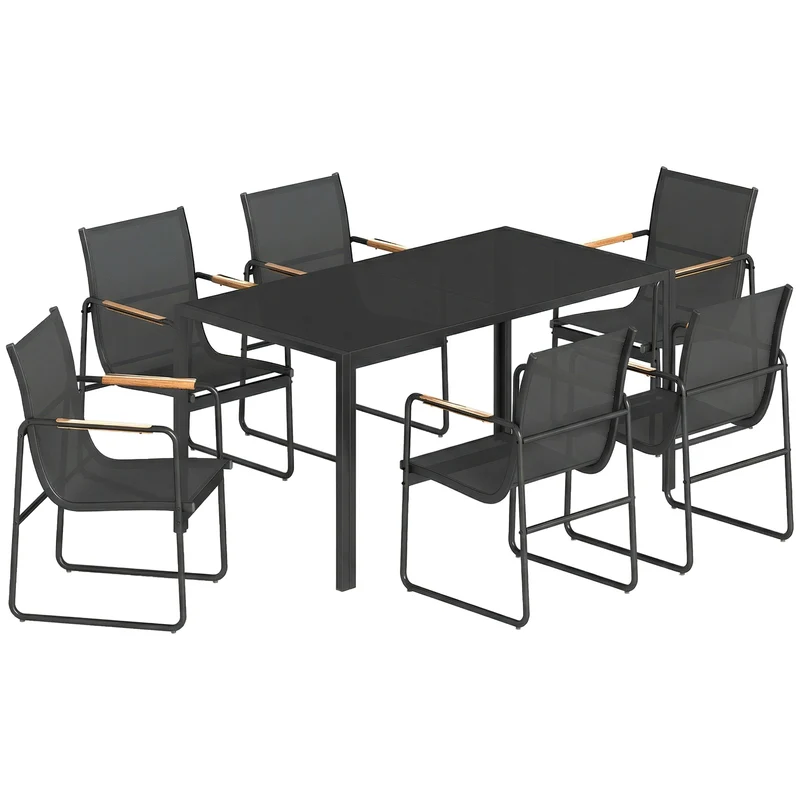 Ensemble salle à manger d'extérieur 150 x 80 x 73 cm 7 pièces assise respirante dossier incliné moderne en acier noir 21_0005356