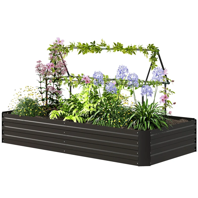 Carré potager rectangulaire jardin 180 x 90 x 29,5 cm avec tuteur 188 cm grand volume moderne en acier galvanisé noir 21_0004285