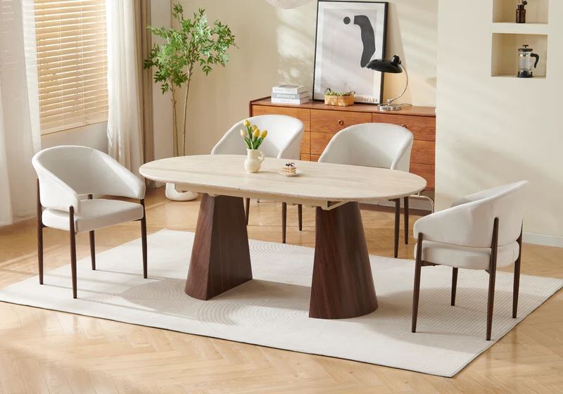 Ensemble table extensible travertin et chaises - Yumi