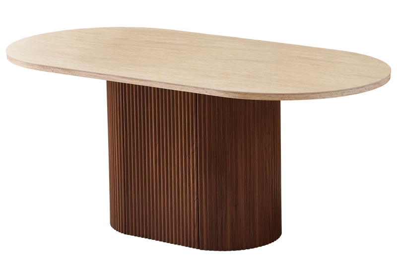 Table à manger ovale travertin noyer Japandi - Akira