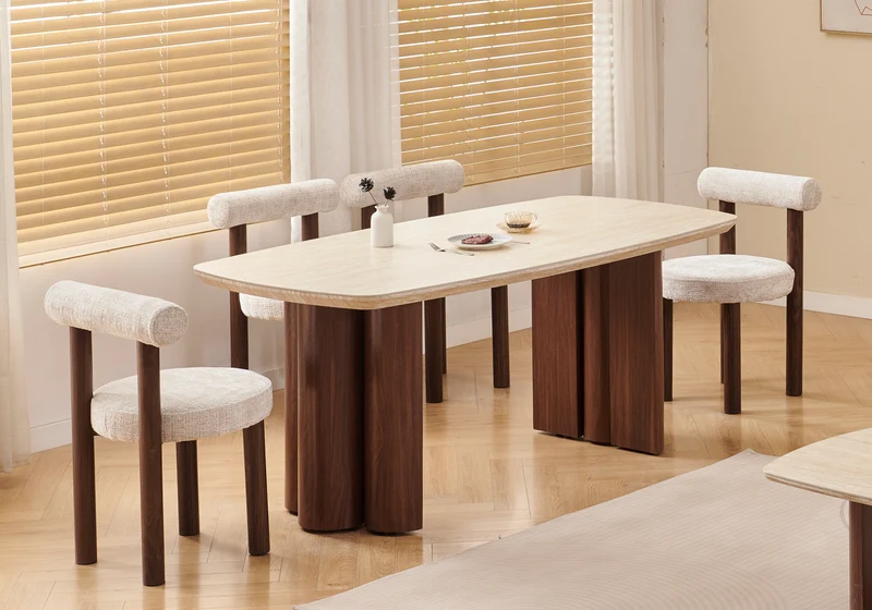 Ensemble table travertin et 4 chaises noyer - Doria