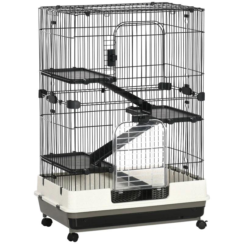Cage pour petits animaux roulante 81,2 x 52,7 x 114 cm 3 niveaux amovibles 3 rampes design salon cosy en métal noir 21_0007876