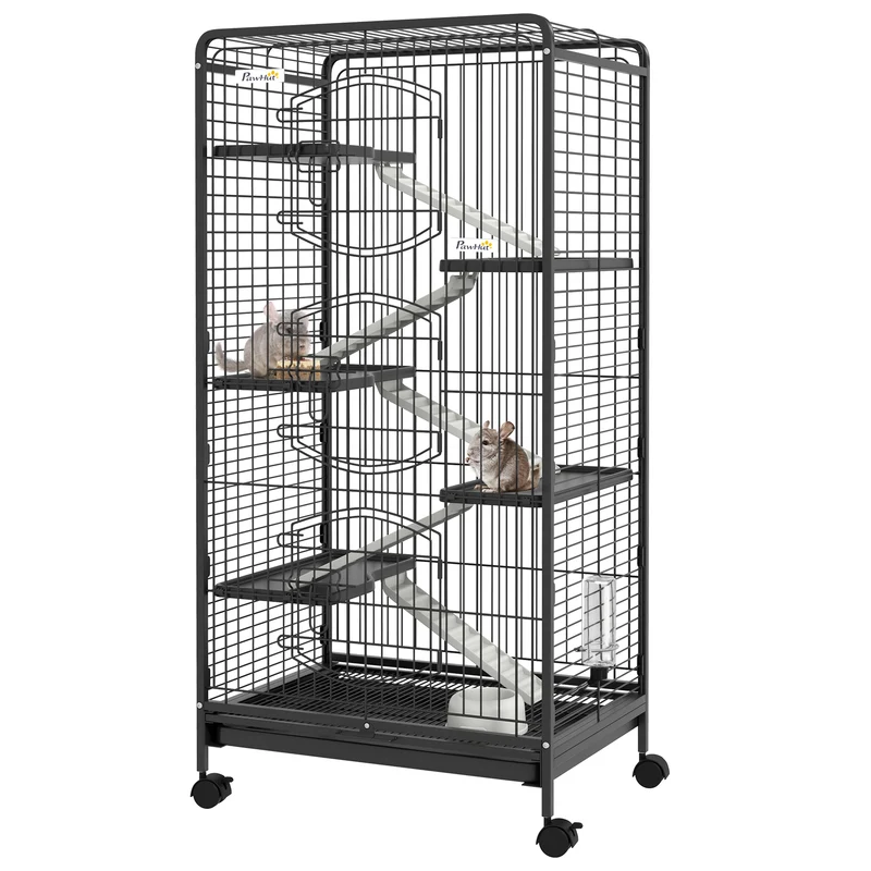 Cage pour petits animaux roulante 61.5 x 44 x 131 cm 5 rampes 5 plateformes bac amovible moderne épuré en métal noir 21_0007905