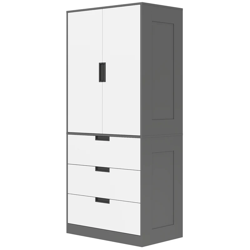 Armoire penderie chambre 80 x 50 x 180 cm 3 tiroirs fermeture douce moderne finition mate en panneau de particules gris 21_0001542