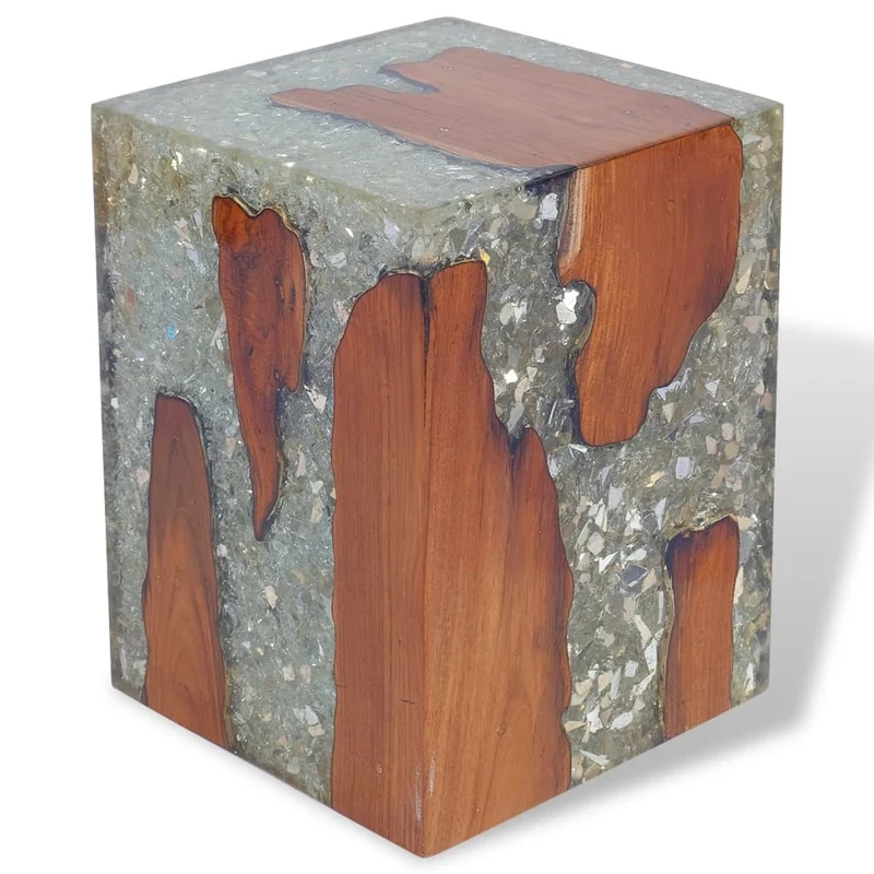 Tabouret assise support de plantes en bois de teck massif et résine multicolore DEC026338
