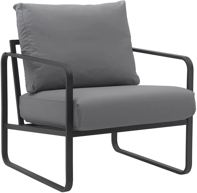 Fauteuil lounge design retro chic en PVC gris et cadre en métal noir mat 10_0002814