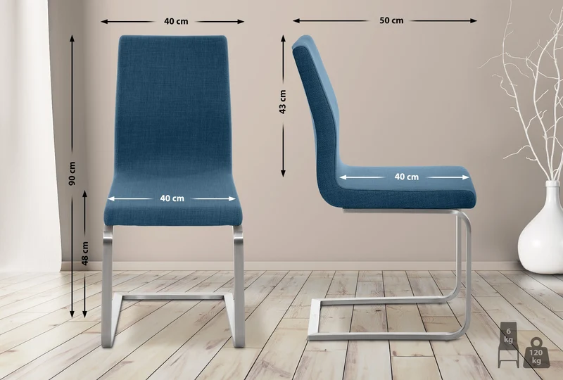 Chaise de salle à manger x1 design moderne en tissu bleu support en acier inoxydable 10_0007664