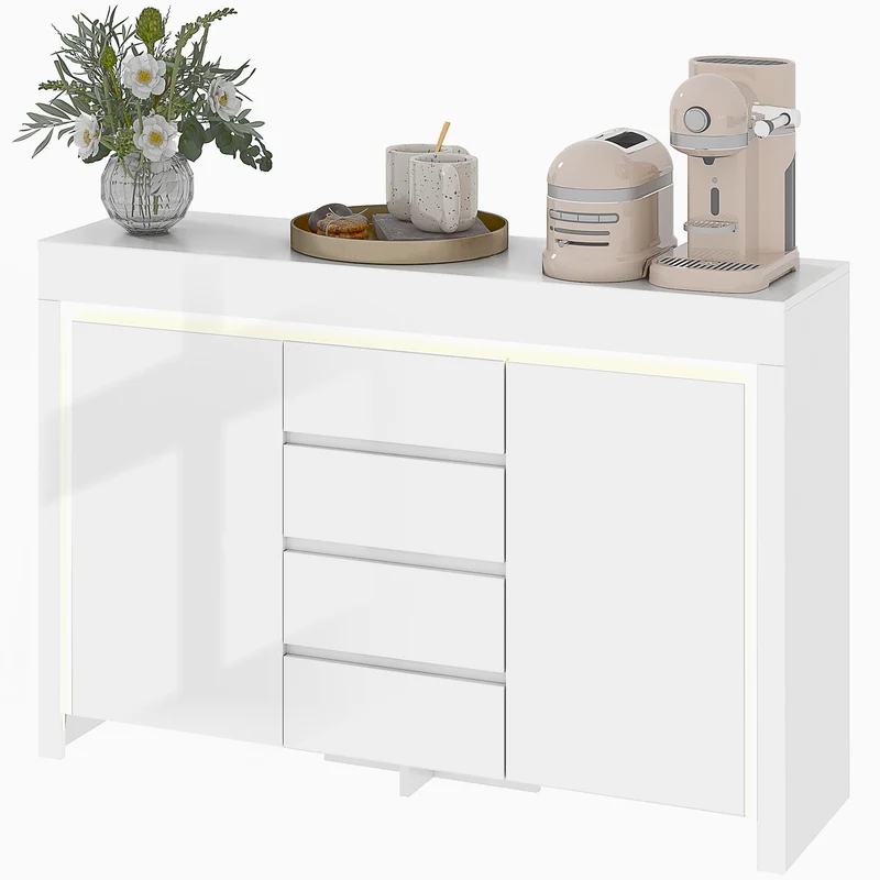 Buffet de salon 120 x 34 x 80 cm 4 tiroirs 2 armoires fermeture douce éclairage led pratique design épuré en MDF blanc 21_0003462