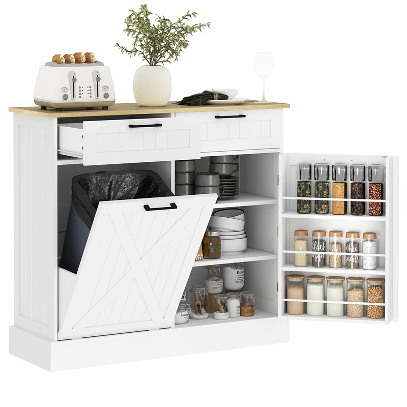 Buffet de cuisine îlot 100 x 36 x 90 cm poubelle 38 l 2 tiroirs rangement pratique pour salon style rustique en MDF blanc 21_0003278