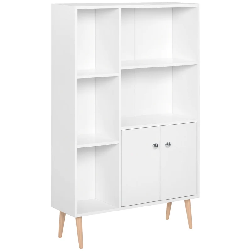 Bibliothèque rangement scandinave 80 x 23,5 x 123 cm 6 compartiments avec placard épuré en panneaux de particules blanc 21_0002411