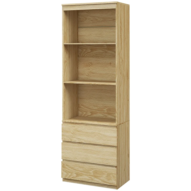 Bibliothèque haute 60 x 35 x 180 cm 6 niveaux 3 tiroirs compact contemporain épuré en panneau de particules bois naturel 21_0002496