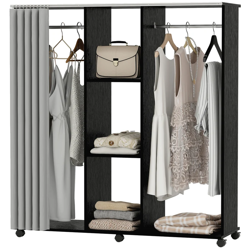 Armoire penderie 120 x 40 x 128 cm grand espace rangement 6 roulettes épuré contemporain en panneau de particule noir 21_0001427