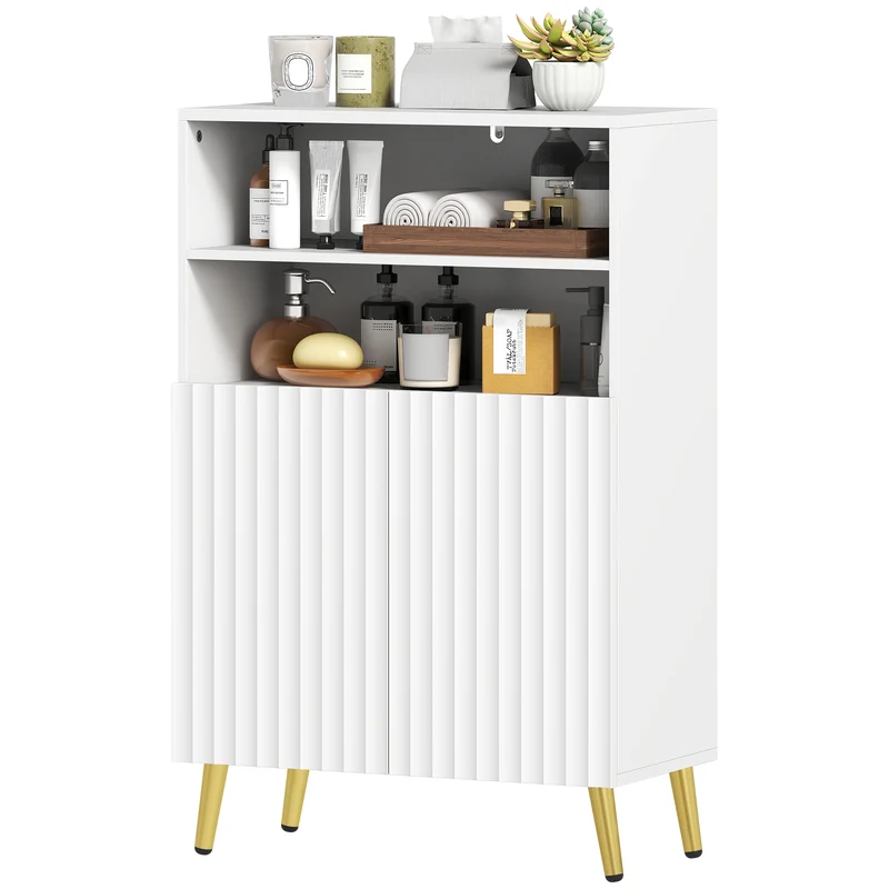 Armoire de salle de bain 5 niveaux 60 x 31.8 x 93 cm gain de place portes cannelées fermeture douce moderne en MDF blanc 21_0002132