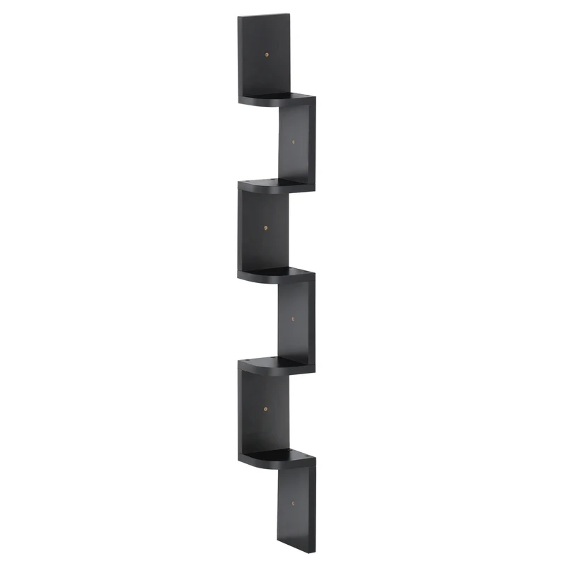Étagère d'angle murale zigzag salon bureau 12 x 12 x 120 cm 5 niveaux de rangement style contemporain épuré en MDF noire 21_0001698