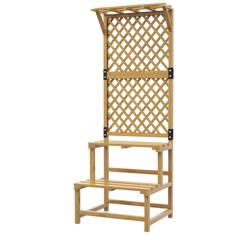 Support plantes 2 niveaux treillis toit 60 x 50 x 166 cm plantes grimpantes étagères à lattes rustique en bois jaune 21_0005463