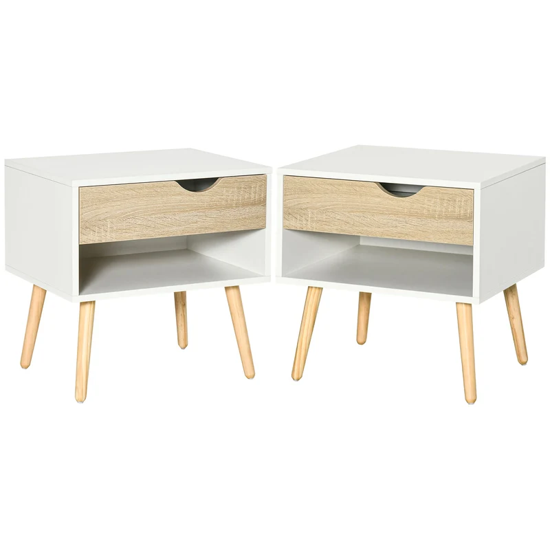 Lot de 2 tables de nuit 50 x 39 x 51 cm 2 tiroirs 2 niches rangement scandinave cosy en panneau de particules blanc 21_0001675