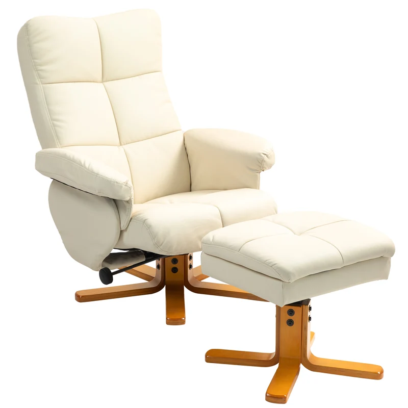 Lot de 2 fauteuil de relaxation avec repose-pied 80 x 86 x 99 cm inclinable 145° pivotant 360° moderne cosy en PU crème 21_0001712