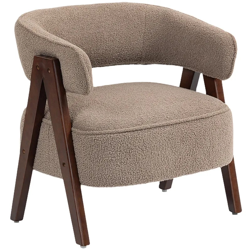 Fauteuil de salon dossier incurvé 70 x 64 x 71 cm assise large rembourrée confort scandinave en tissu bouclette marron 21_0003584