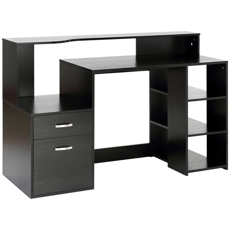 Bureau informatique avec rangement 137 x 55 x 92 cm avec tiroirs et étagères ouvertes moderne épuré compact en MDF noir 21_0006121