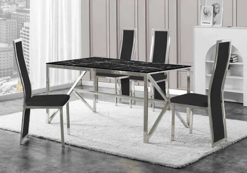 Table marbre noir et 6 chaises velours argent – Jessy