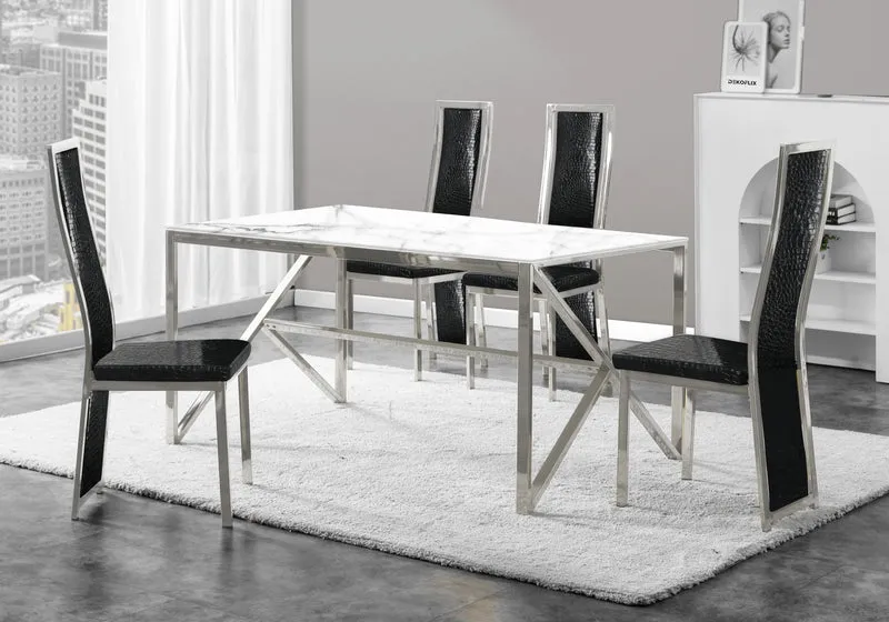 Table marbre blanc et 6 chaises croco argent – Jessy