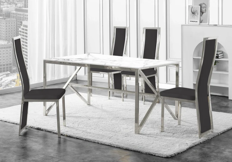 Table marbre blanc et 6 chaises velours argent – Jessy