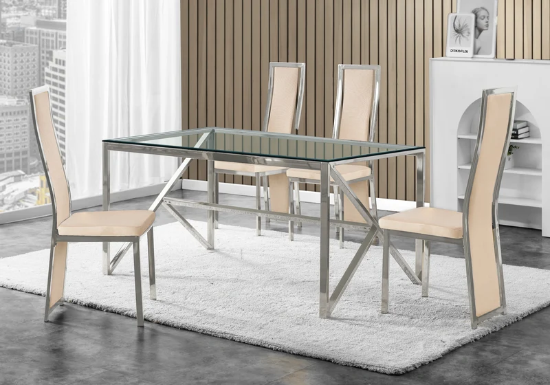 Table en verre et 6 chaises velours argent – Jessy