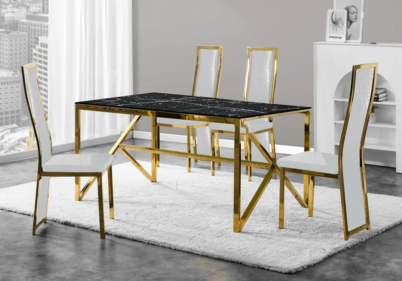 Table marbre blanc et 6 chaises croco doré – Jessy