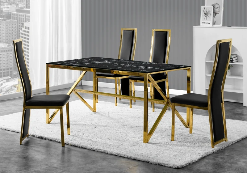 Table marbre noir et 6 chaises simili-cuir doré – Jessy