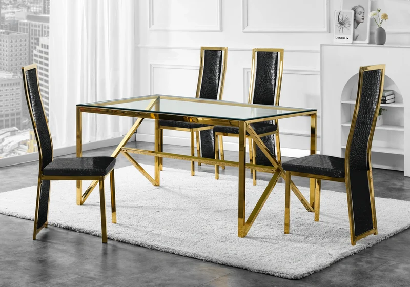 Table en verre et 6 chaises croco doré – Jessy