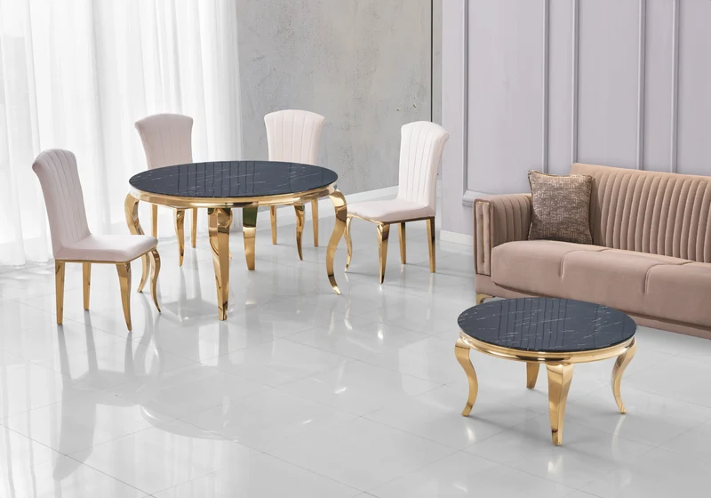 Ensemble salle à manger ronde marbre noir et or – Neo
