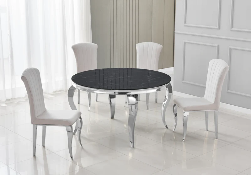 Table ronde marbre noir et 4 chaises argent – Neo