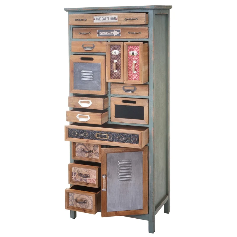 Meuble style apothicaire 138 x 57 x 32 cm commode vintage 14 tiroirs et 1 compartiment en bois de sapin massif et MDF aspect vieilli 04_0011126