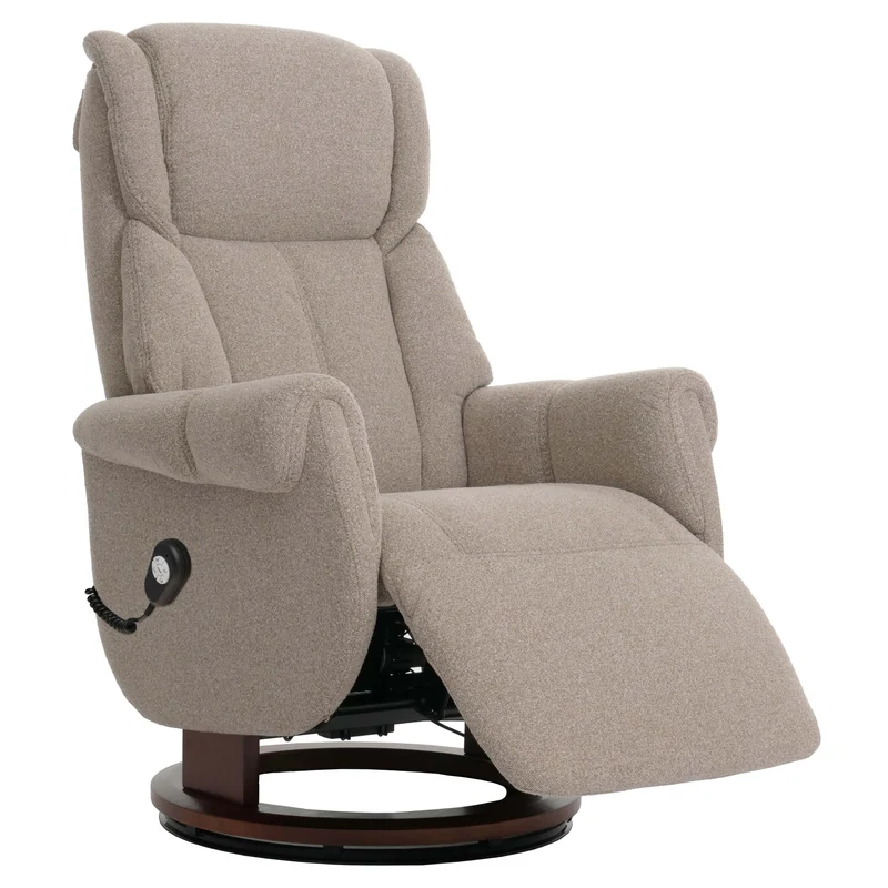 Fauteuil relax électrique aide au lever repose pieds dossier et appui tête réglables pivotant à 360° tissu bouclé marron et bois noyer 04_0007819