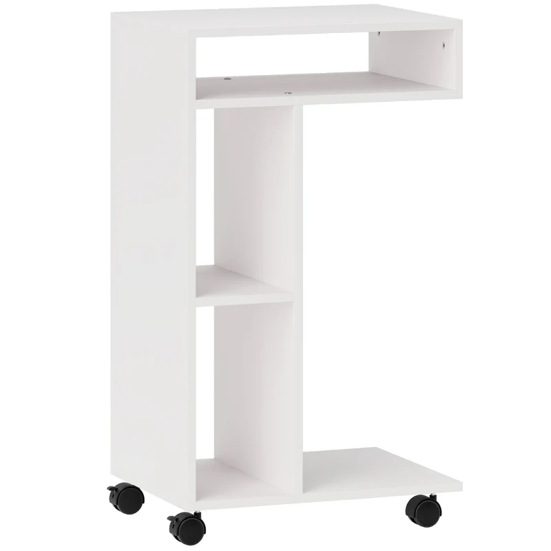 Table d'appoint en c 40 x 30 x 69 cm roulettes avec freins 3 compartiments épuré salon en panneau de particules blanc 21_0003469