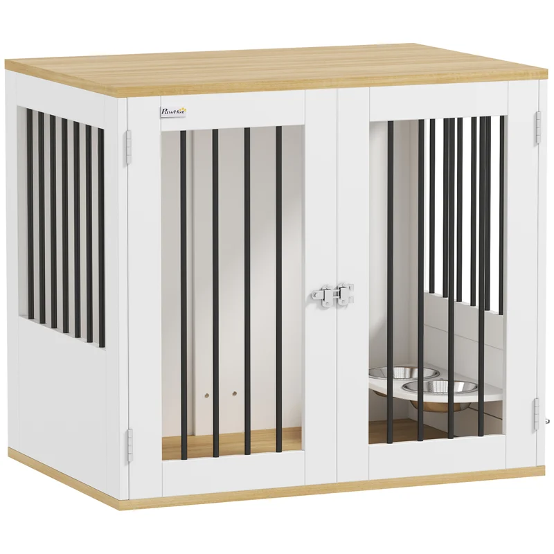 Cage pour chien table d'appoint 80 x 55 x 71,5 cm bols rotatifs amovibles style moderne en panneau de particules blanc 21_0007310