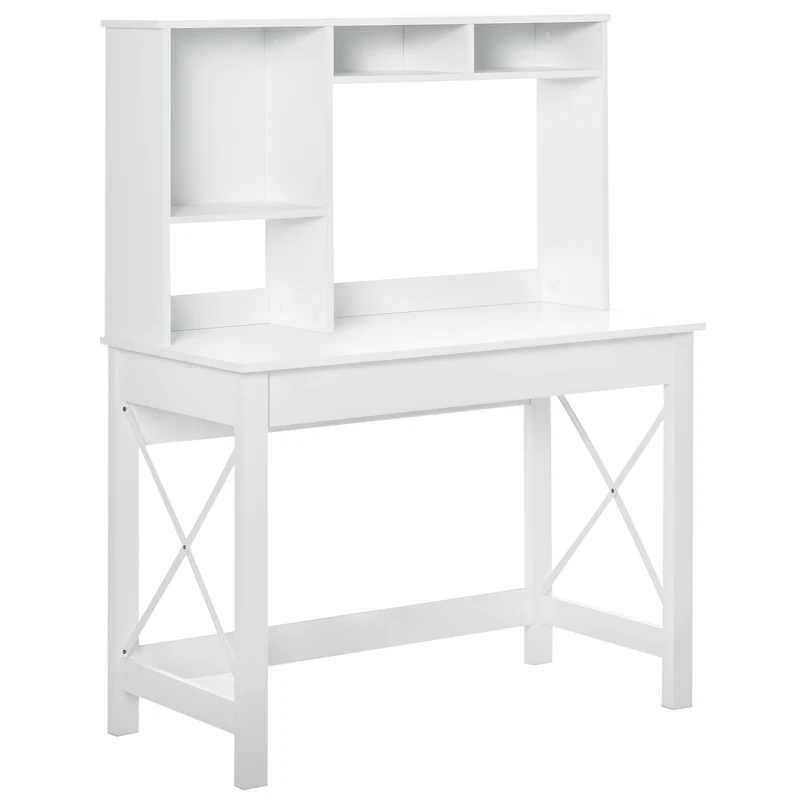 Bureau bibliothèque gain de place 105 x 50 x 137,5 cm grand plateau rangement optimisé élégant contemporain en bois blanc 21_0002462