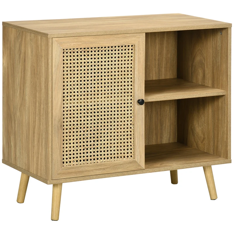 Buffet de rangement 1 porte cannage 80 x 39 x 70 cm multi rangements et plateau déco vintage scandinave en rotin naturel 21_0002296
