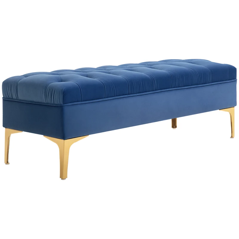 Banquette capitonnée bout de lit 118 x 45 x 42 cm rangement et confort classique chic piètement doré en polyester bleu 21_0001415