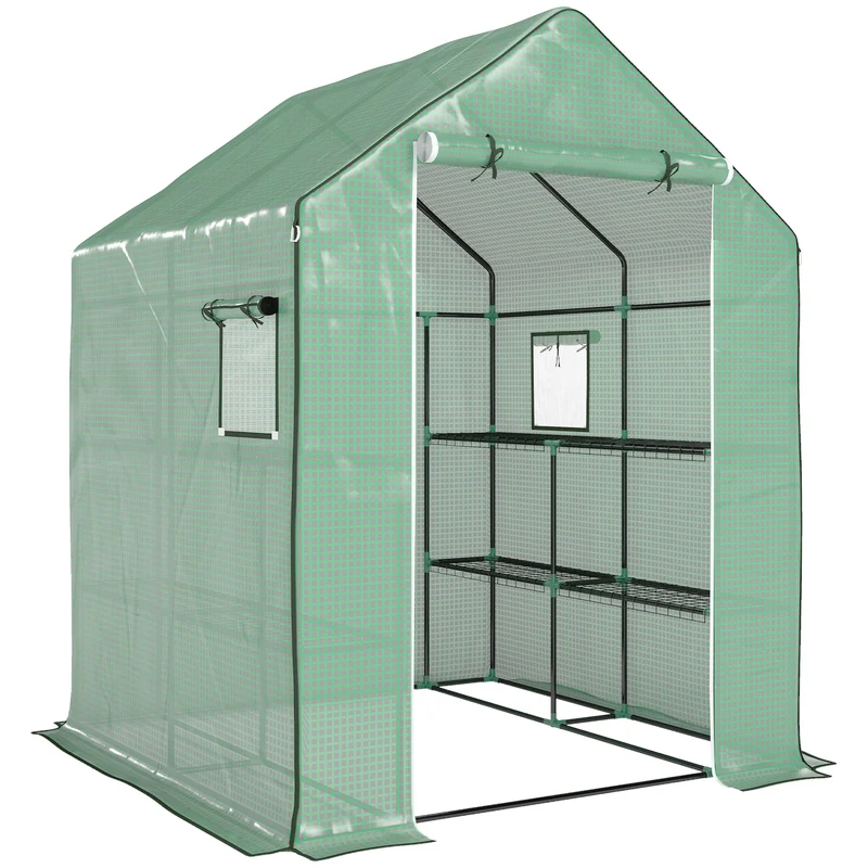 Serre de jardin compacte avec étagères 140 x 143 x 190 cm aération et haubanage épuré contemporain en polyéthylène vert 21_0004338