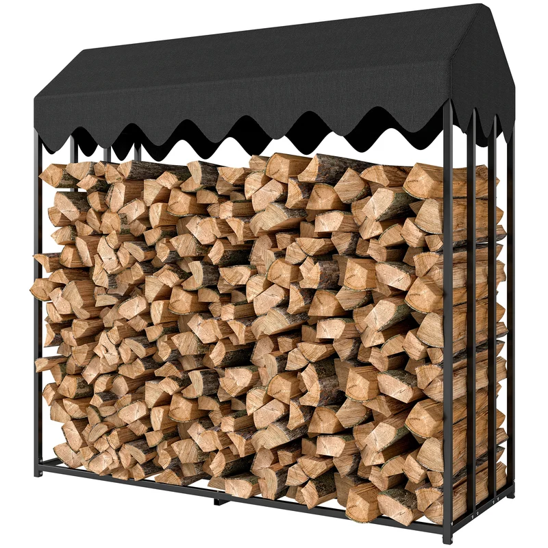 Range bûches extérieur 186 x 70 x 185 cm toit étanche base surélevée finition mate industriel moderne en acier noir 21_0003915