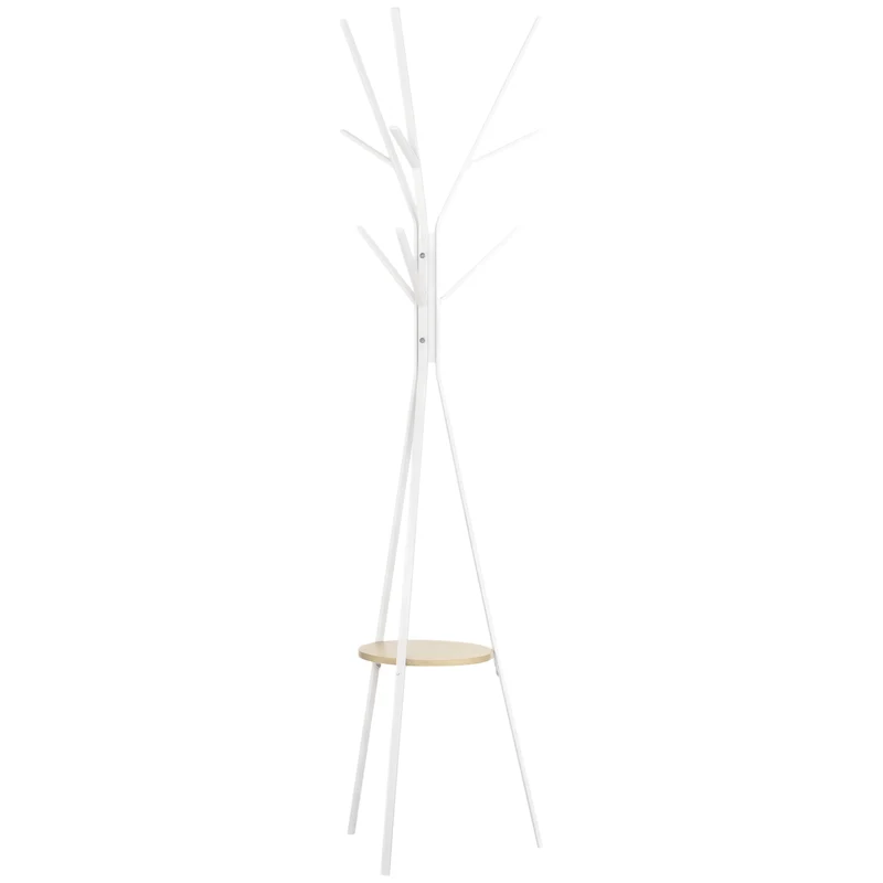 Porte-manteau trépied branche entrée 45 x 45 x 180 cm neuf patères étagère ronde pratique contemporain en métal blanc 21_0001418