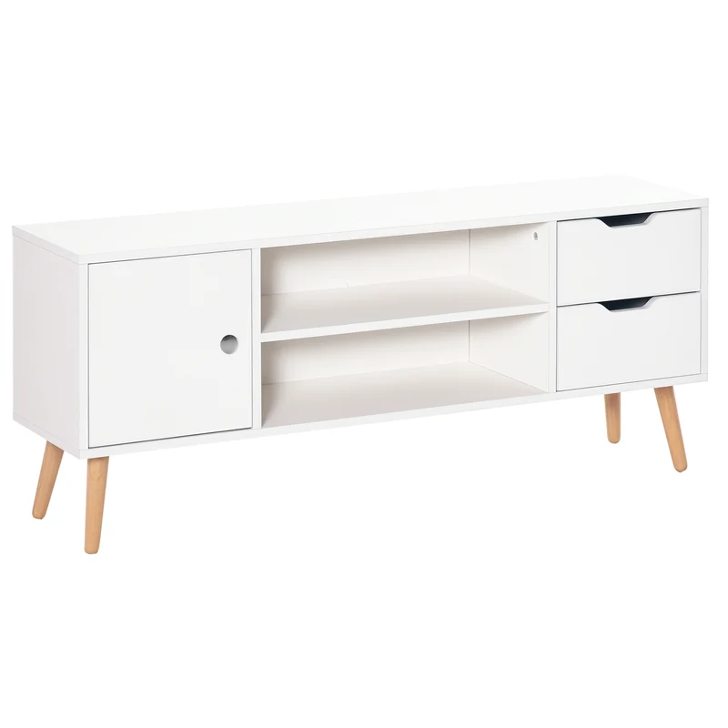 Meuble tv bas salon chambre 120 x 28 x 44 cm rangements 2 niches 2 tiroirs passe-fil scandinave design en bois blanc 21_0001835