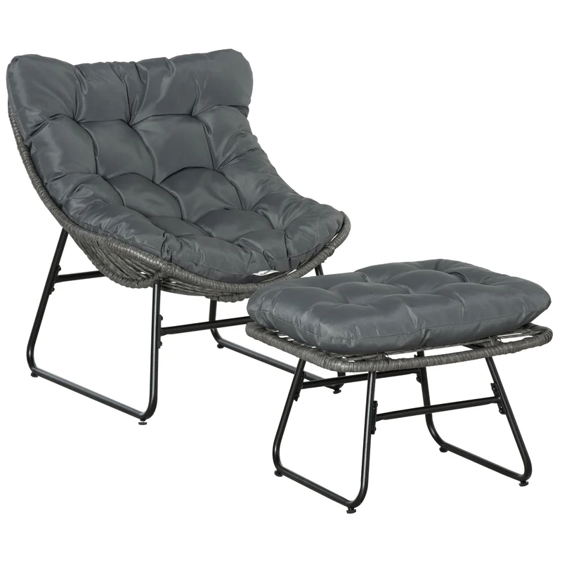 Fauteuil avec repose-pieds salon et extérieur 69 x 76 x 70 cm assise profonde coussins moelleux bohème en résine gris 21_0006046