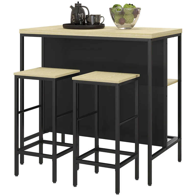 Ensemble table de bar et 2 tabourets 100 x 60 x 95 cm étagère assise douce moderne cuisine industriel en métal noir 21_0003252