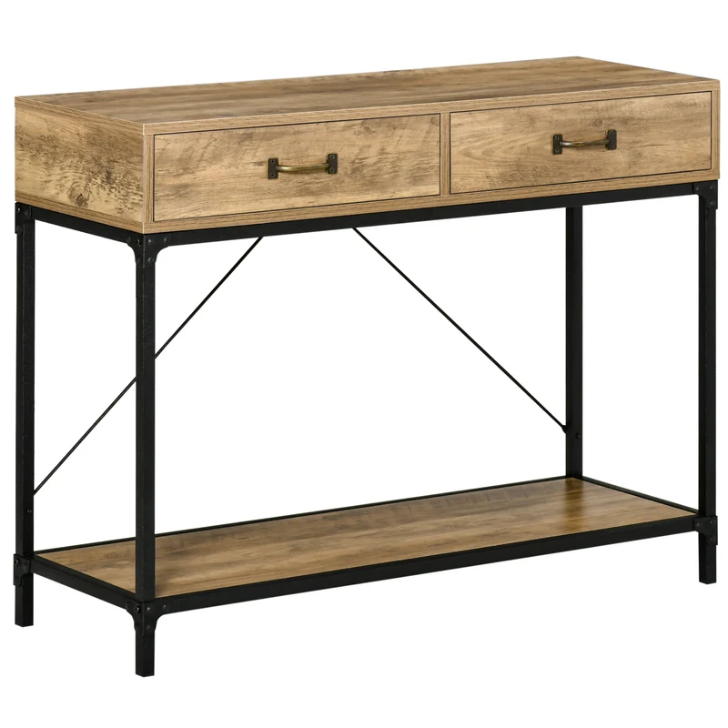 Table console d'entrée 100 x 35 x 76 cm 2 tiroirs et étagère style industriel épuré en panneaux de particules marron 21_0002632