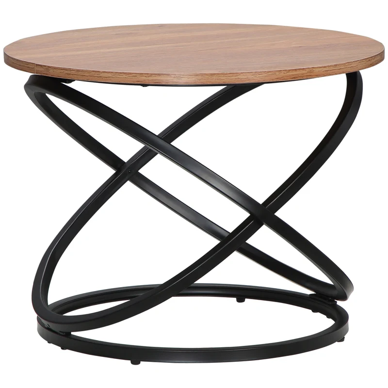 Table basse ronde salon 60 x 60 x 46 cm compacte montage facile piètement graphique industriel épuré en MDF marron clair 21_0003095